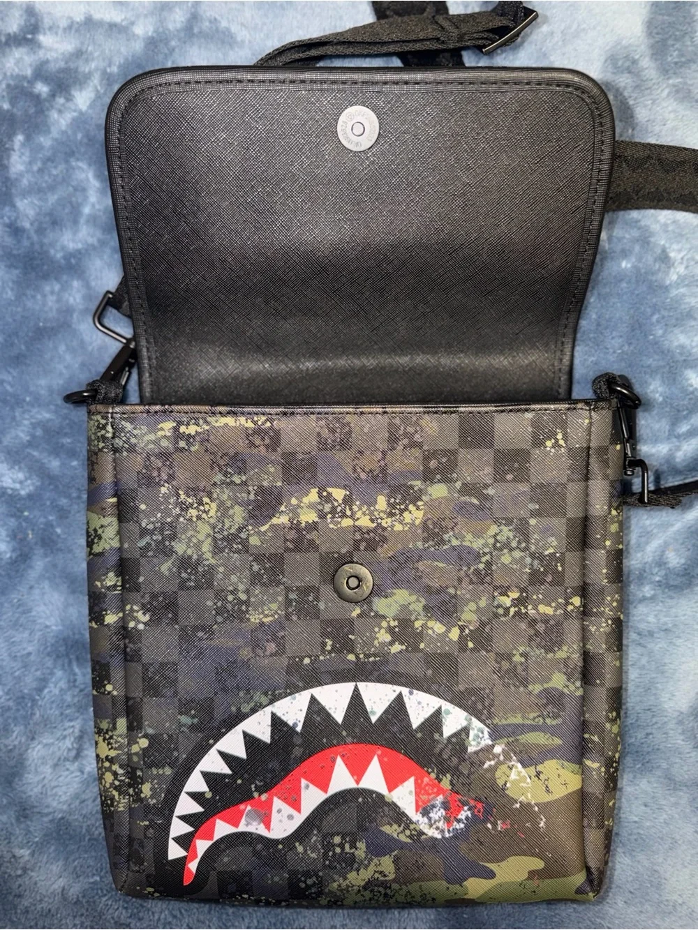 Sprayground Black & Green Camo Shark-Mouth Messenger Bag